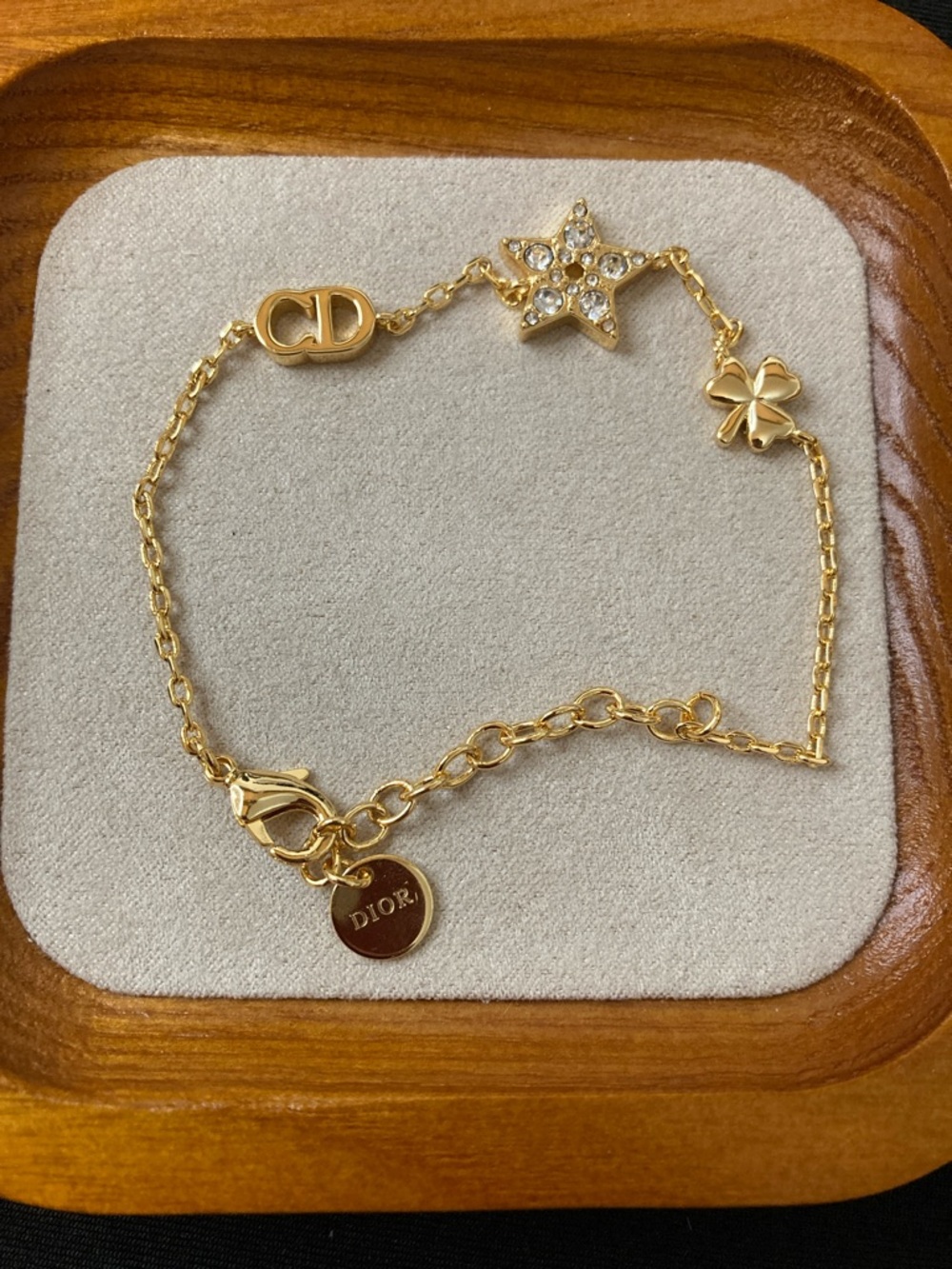 Dior Gold Tone Bracelet with Crystal Star & Clover Charms